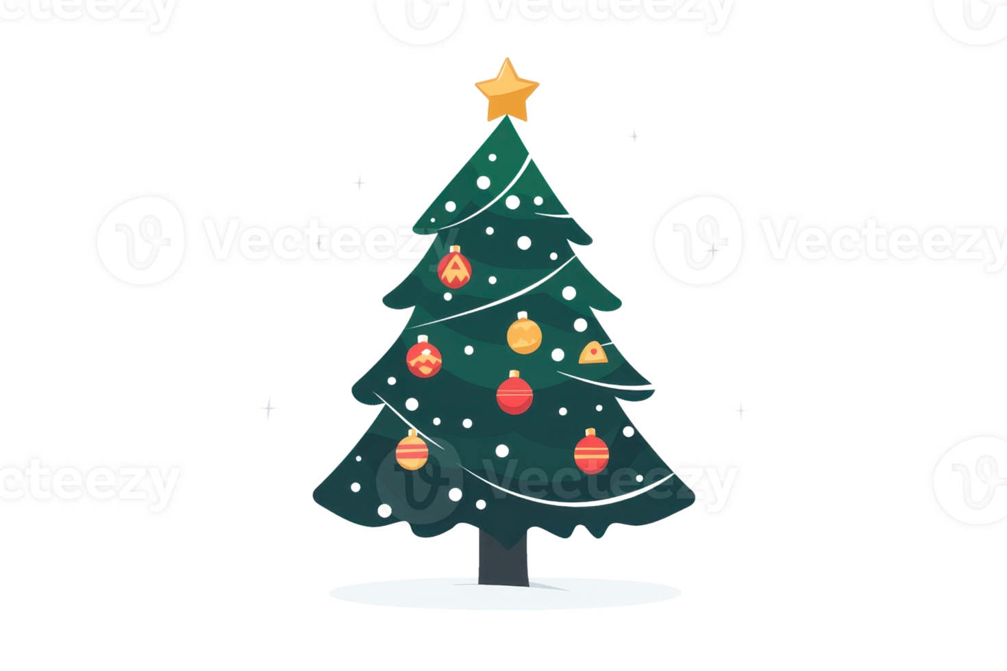Decorated Christmas tree with ornaments and star on top, surrounded by snowflakes, perfect for festive holiday themes and winter celebrations. png