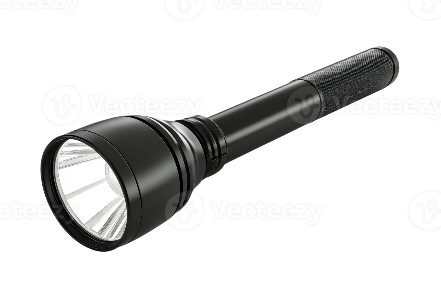 High-quality black flashlight with a sleek design, useful for camping, emergency, and outdoor activities, isolated on a transparent background. png