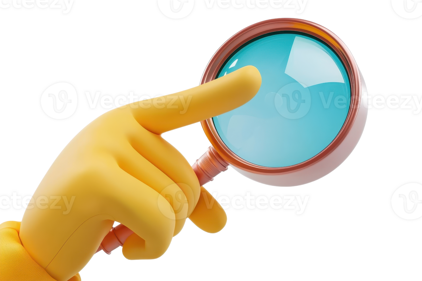 Yellow gloved hand pointing with a magnifying glass, the image signifies search, inspection, discovery, or investigation. png