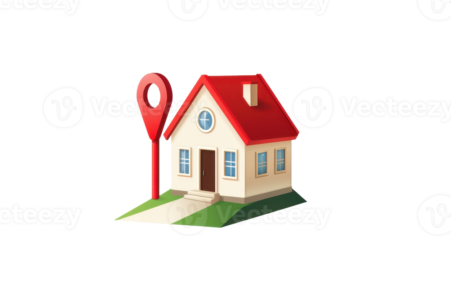 Illustration of a house with a red roof and a location pin beside it, symbolizing GPS, navigation, home location, or real estate. png
