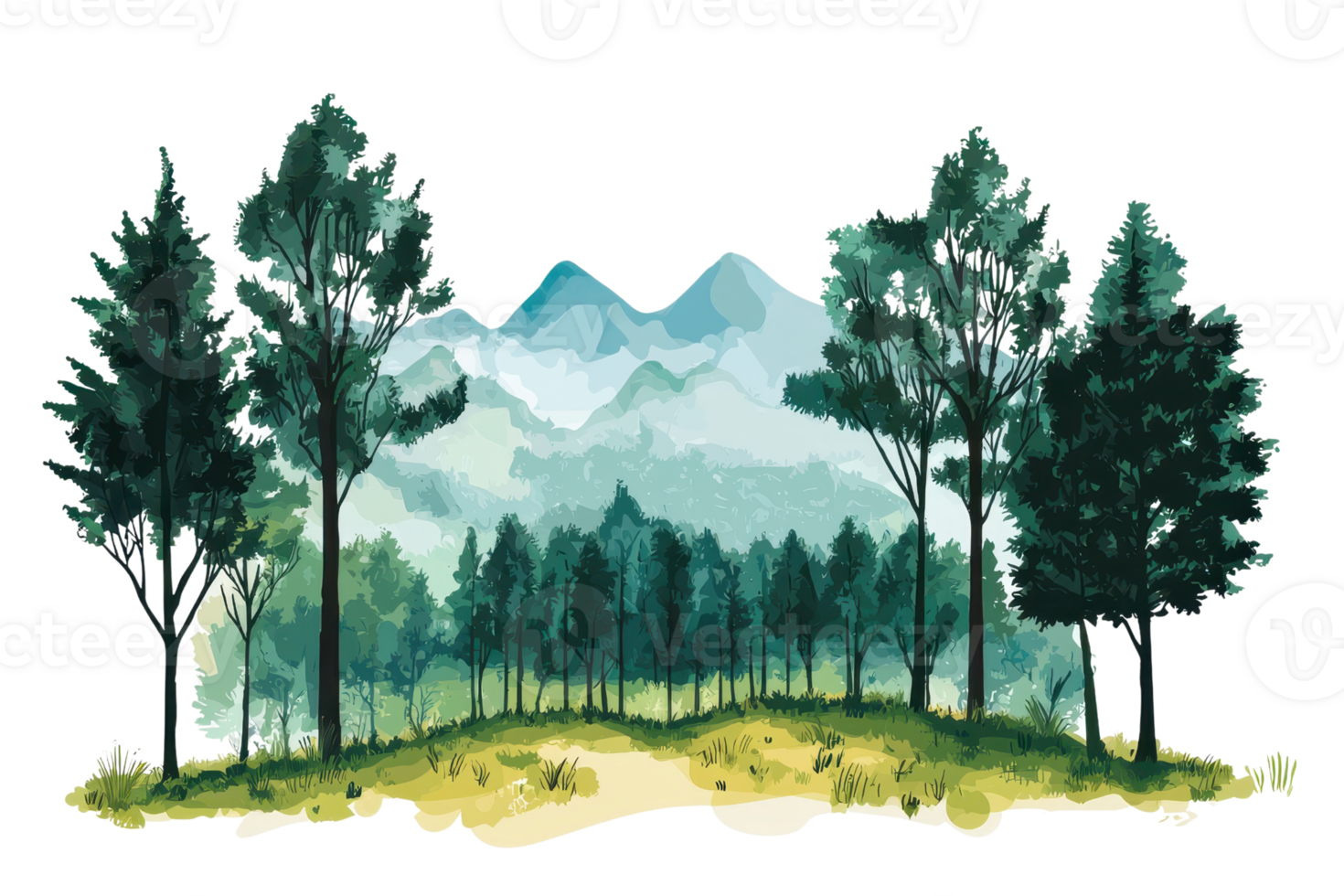 Serene landscape illustration featuring towering trees, lush greenery, and scenic mountains in the background, capturing nature's tranquil beauty. png