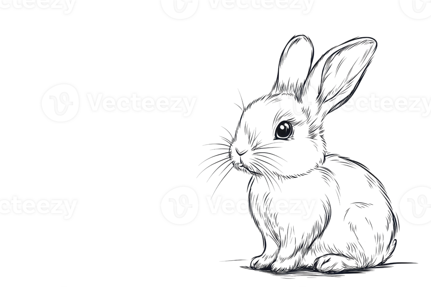 Hand-drawn black and white sketch of a cute bunny rabbit with detailed fur and expressive ears. Perfect for prints, cards, and animal illustrations. png