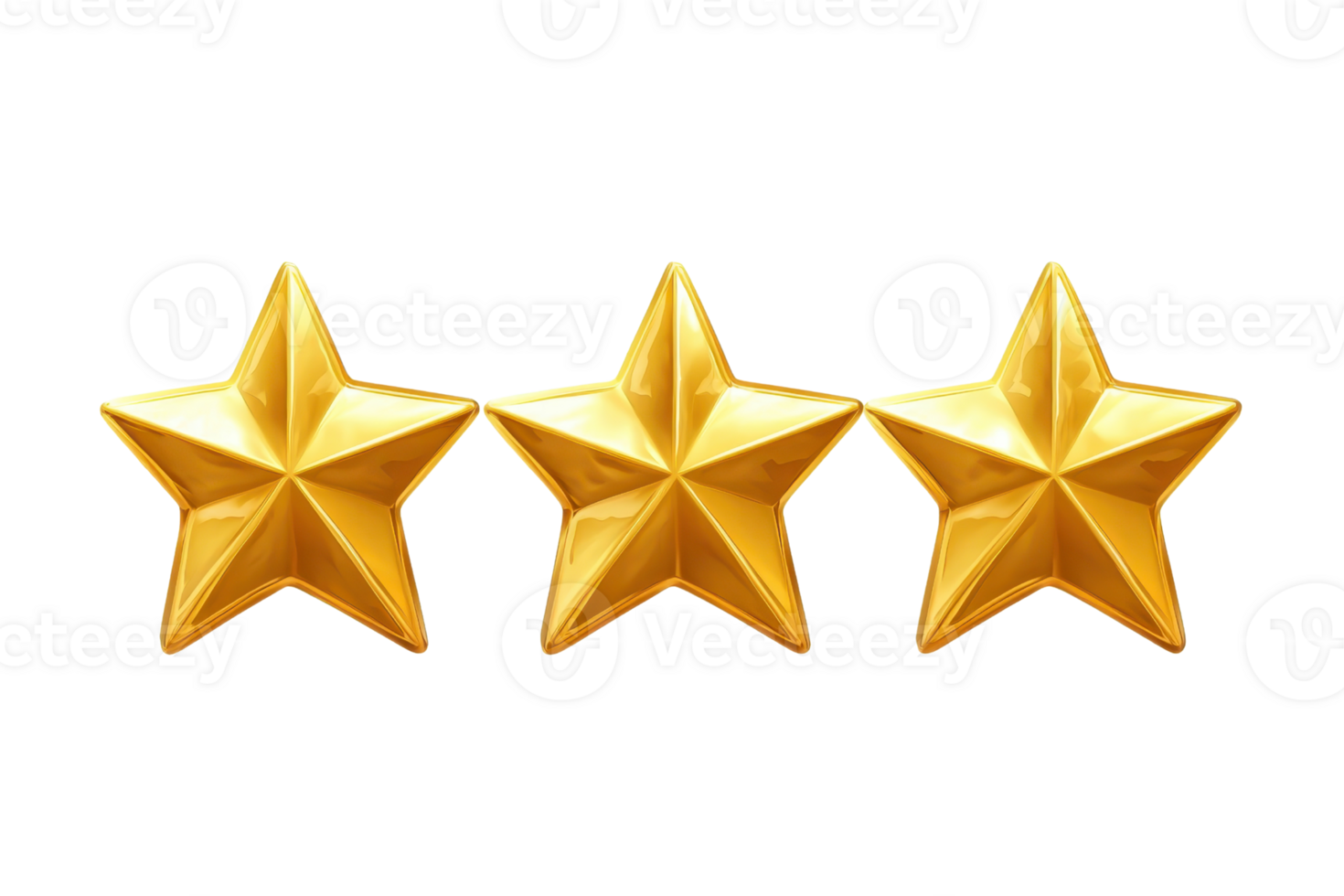 Three golden stars isolated on a transparent background, representing excellence, achievement, or high-quality rating. png