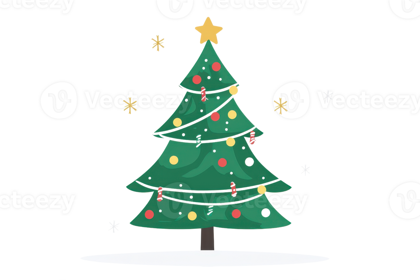 Festive Christmas tree decorated with colorful ornaments and a star on top, surrounded by snowflakes, evoking holiday cheer and winter wonder. png