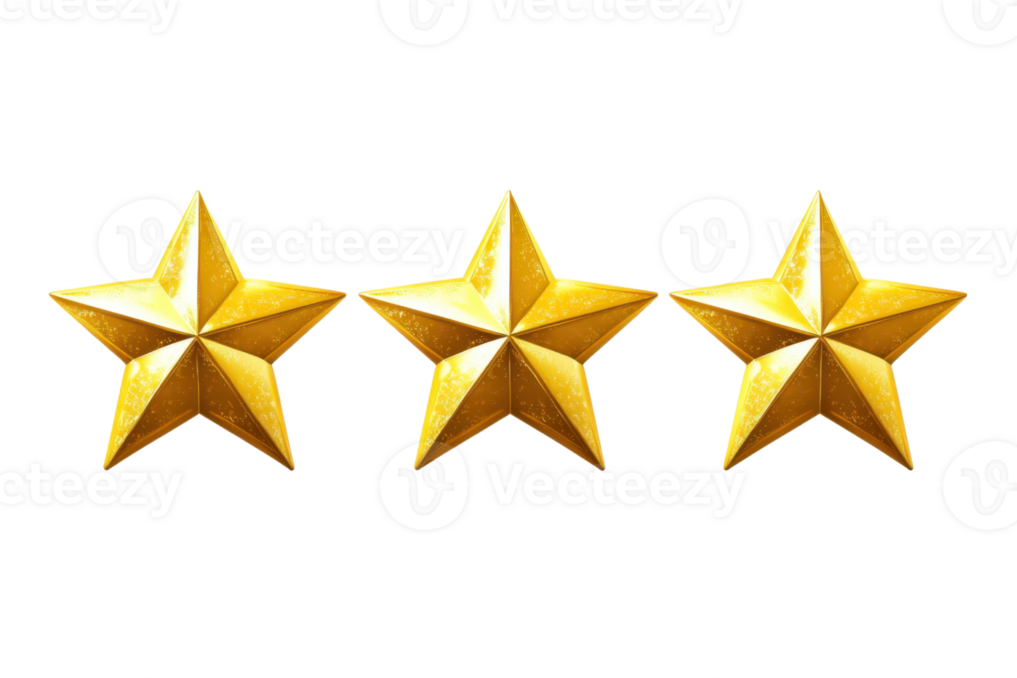 Three golden stars aligned in a row, symbolizing excellence, quality, and achievement on a transparent background. png
