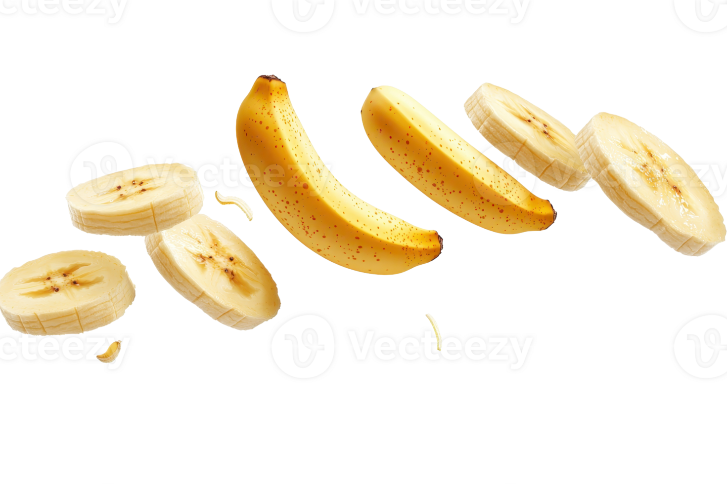 A fresh banana sliced into pieces, showcasing the vibrant yellow color and texture. Perfect for healthy eating and fruit-related concepts. png