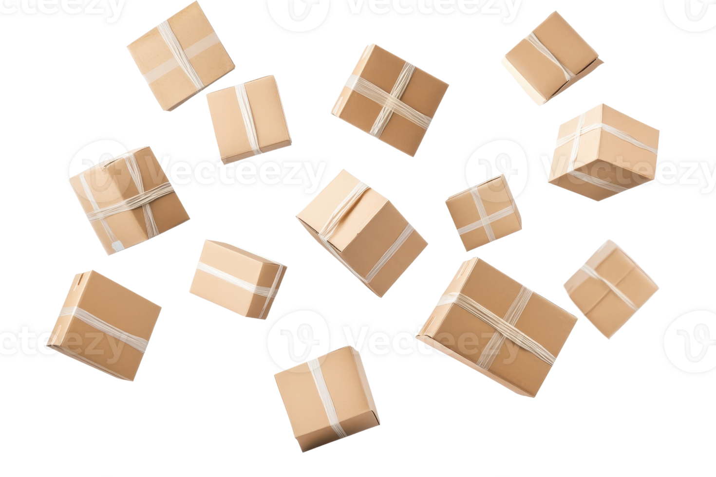 A collection of various sized cardboard boxes suspended in mid-air against a transparent background. ideal for shipping, packaging, and e-commerce themes. png