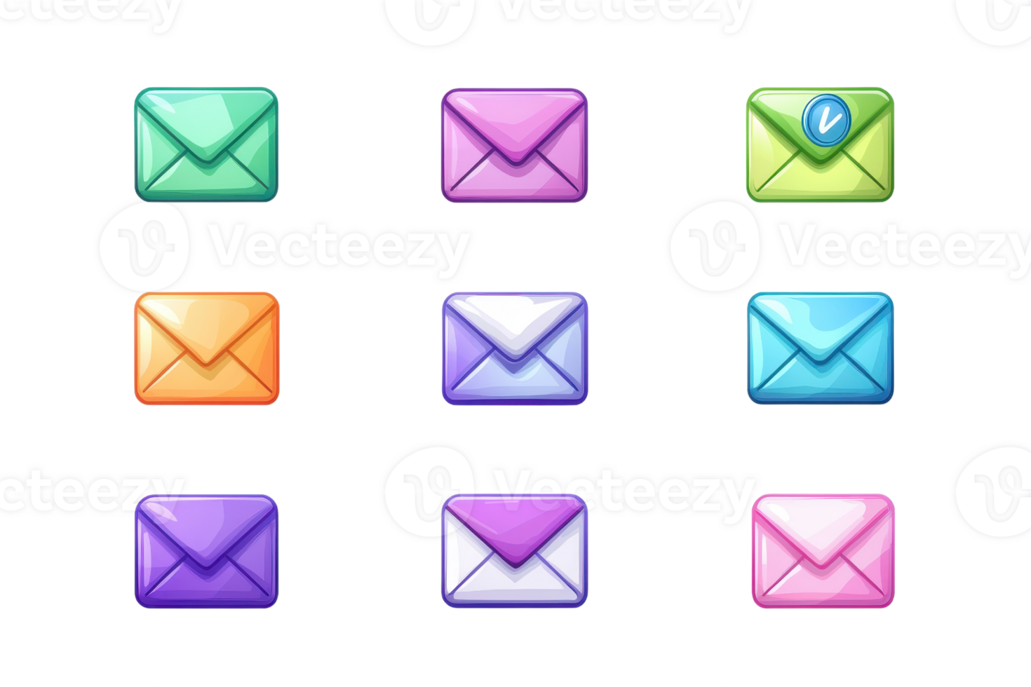 Colorful set of envelope icons, perfect for email, messaging, or communication designs in various vibrant colors. Ideal for digital applications. png
