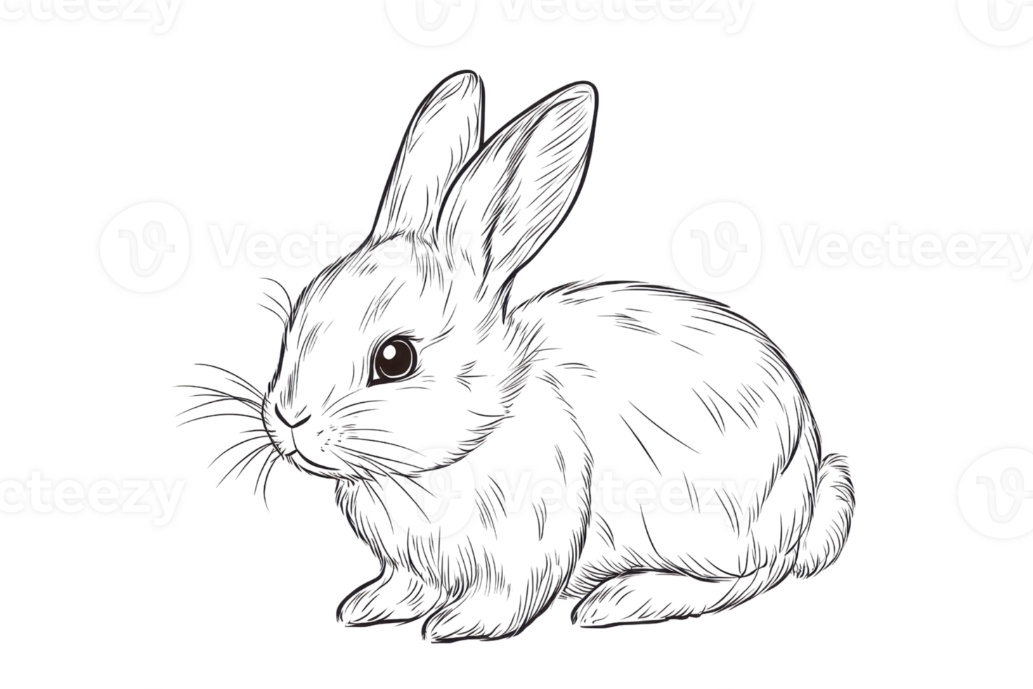 Hand-drawn illustration of a cute fluffy rabbit in black ink, perfect for art projects and animal-themed designs. png