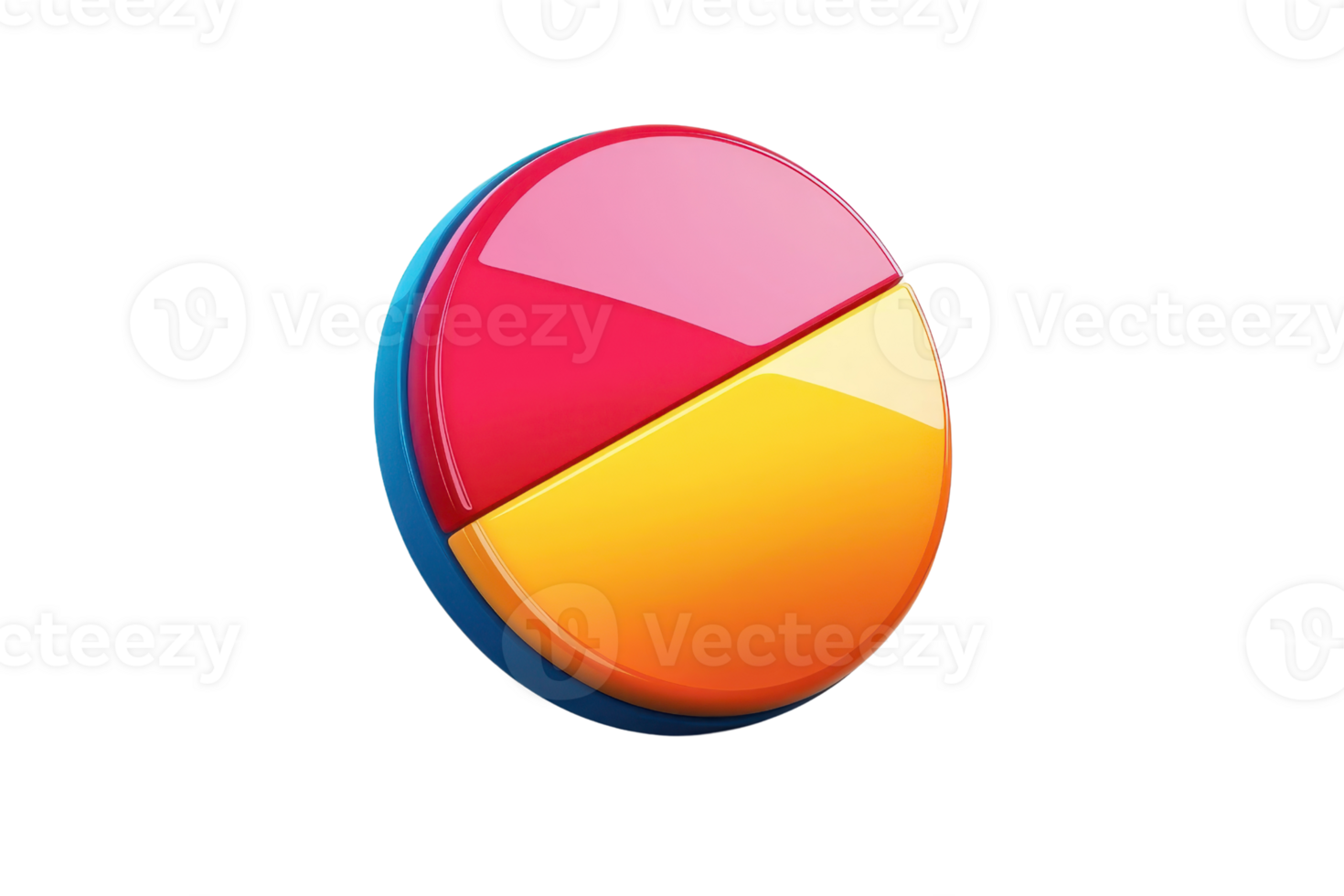 3D vibrant pie chart icon in red, pink, and orange hues on a transparent background. Perfect for representing data analytics and business summaries. png