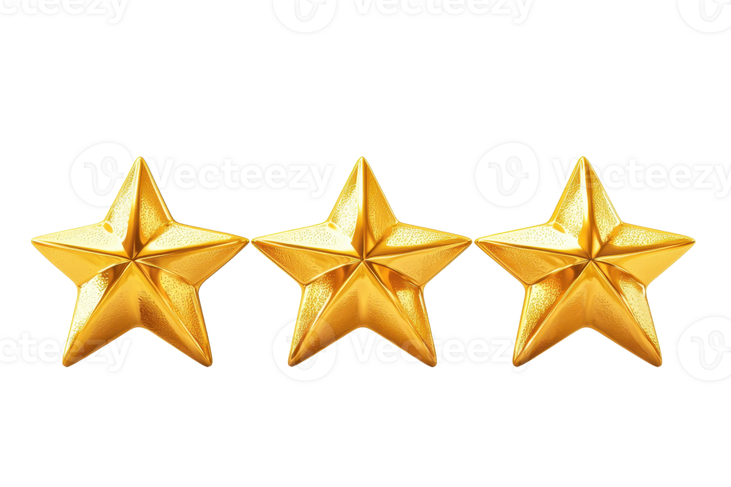 Three shiny golden stars aligned in a straight line on a transparent background, ideal for design use and rating purposes. png