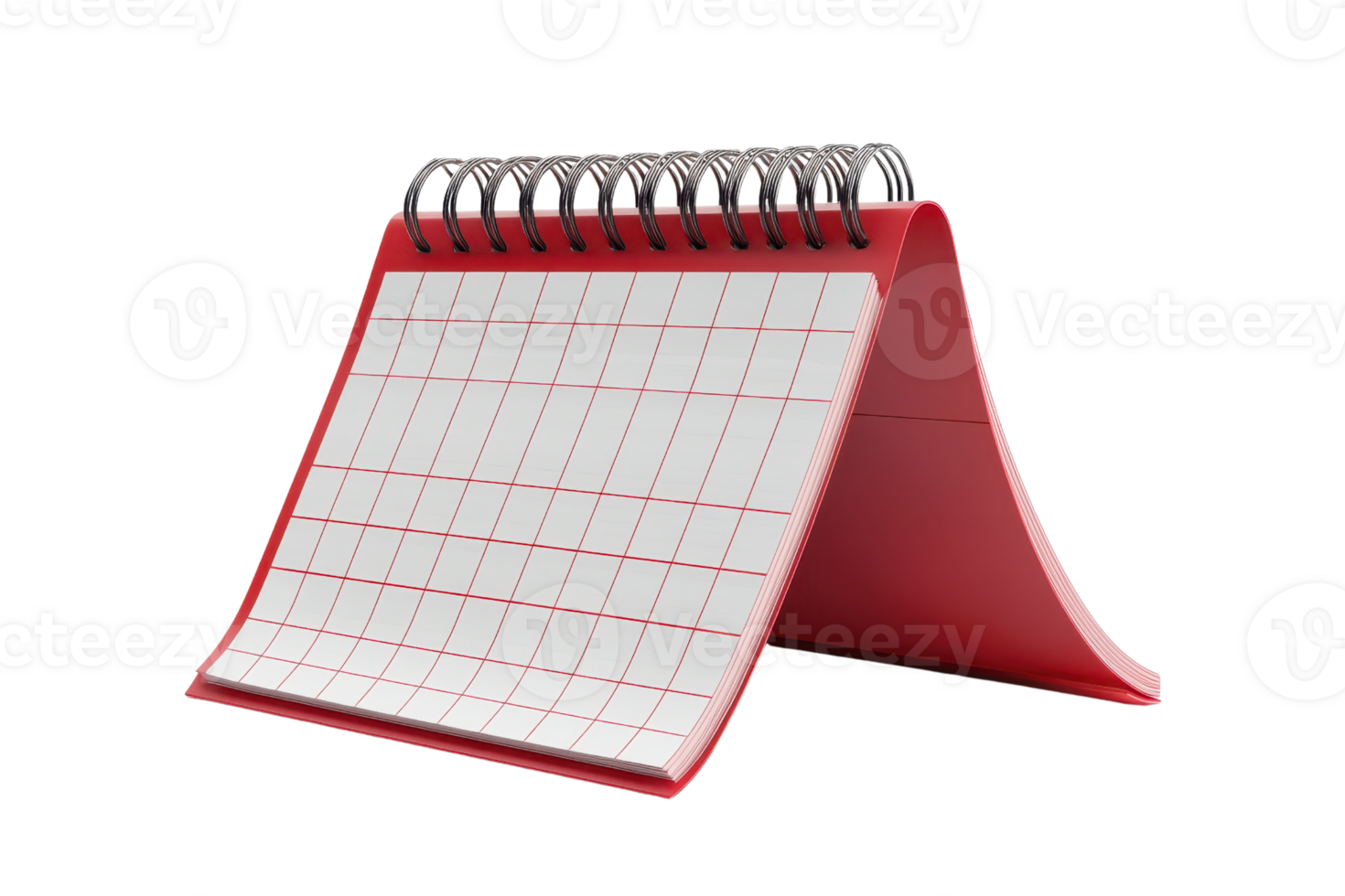 Red table calendar with blank grid pages, open and standing. Isolated on transparent background. for scheduling or planning purposes. png