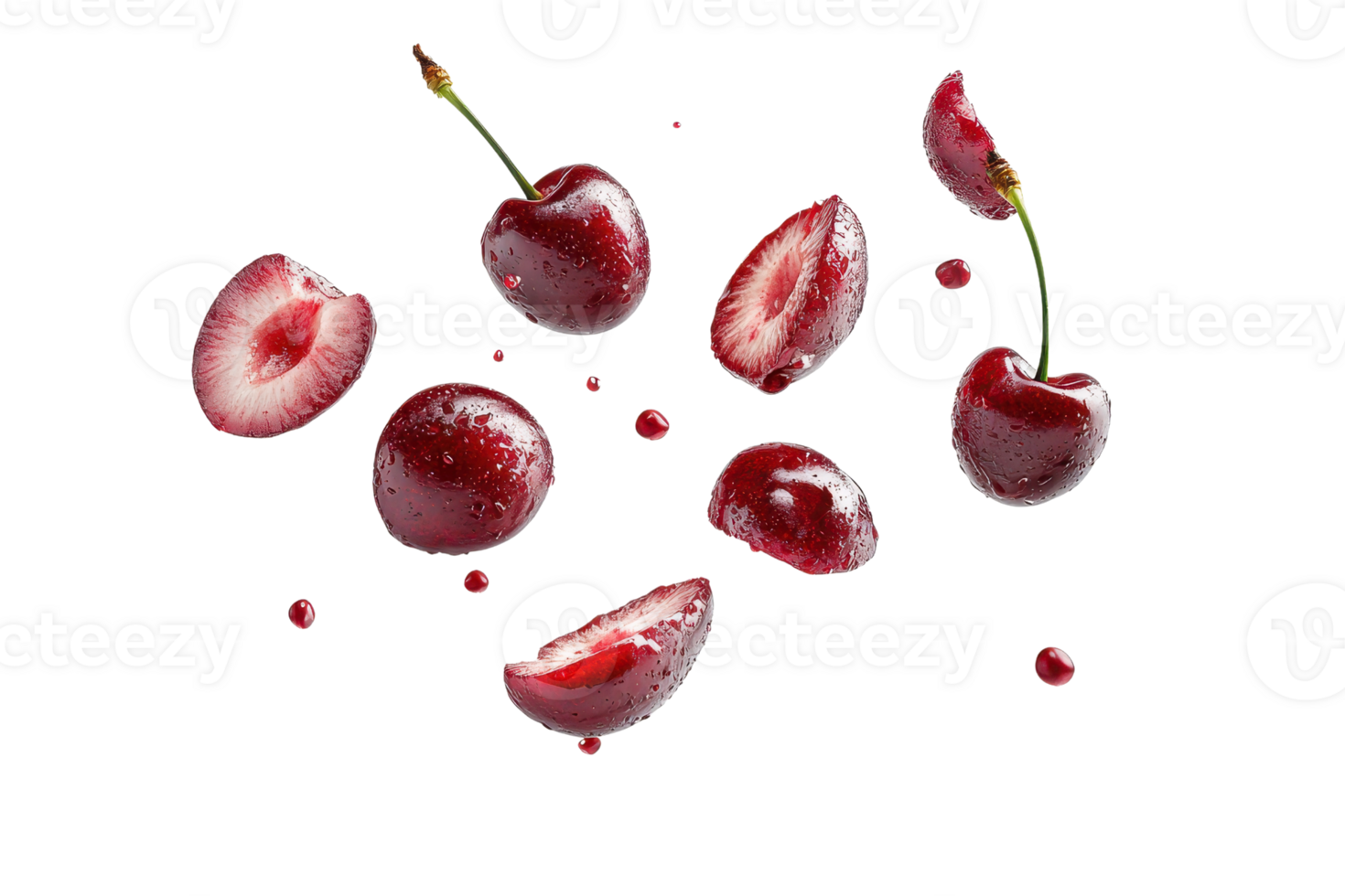 Fresh and juicy cherry halves and whole cherries isolated on transparent background. Perfect for food and beverage design. png