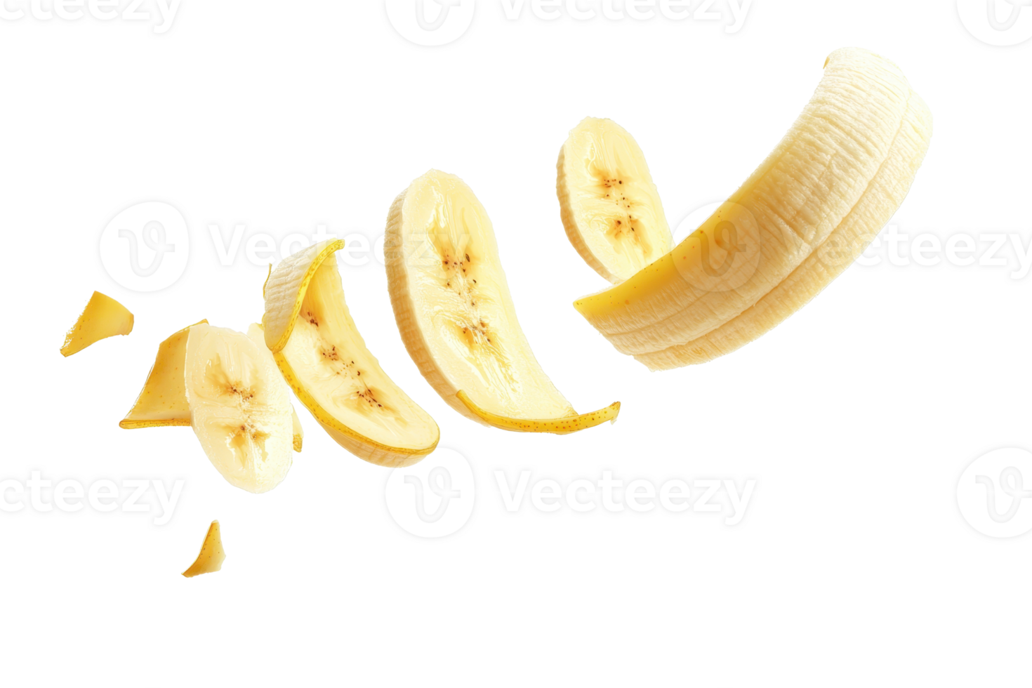 Sliced banana in mid-air, showing fresh, ripe fruit sections separated on a transparent background. Perfect for health, diet, and food-themed visual content. png