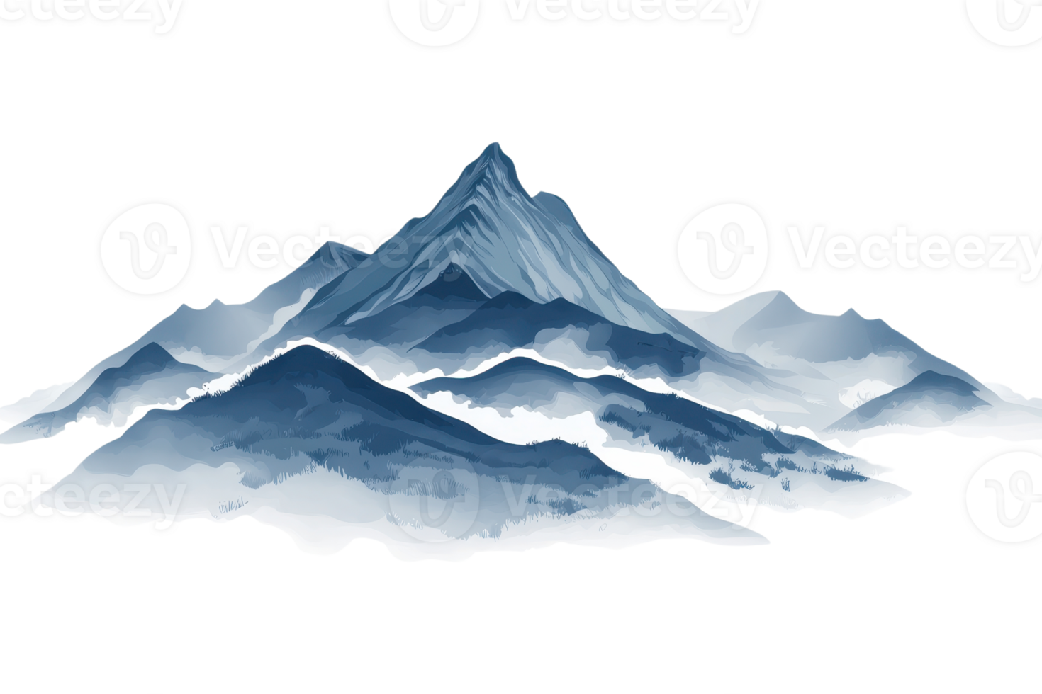 Stunning illustration of a serene mountain landscape with snowy peaks and misty valleys under a clear blue sky. Ideal for nature-themed designs. png