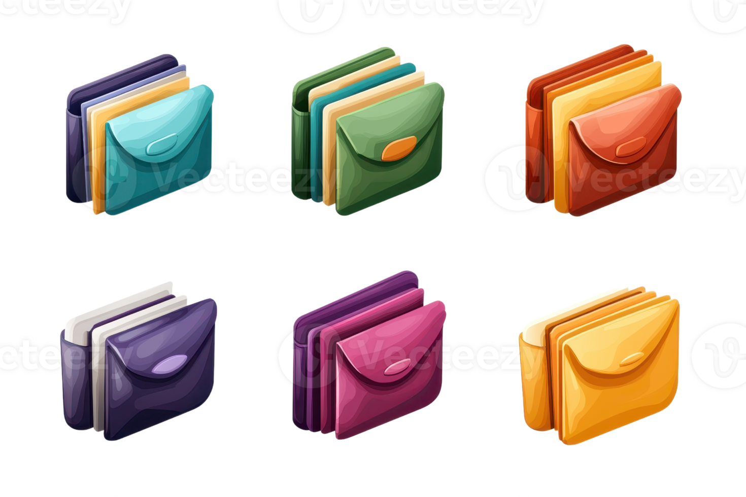 Colorful set of folders in different vibrant hues, neatly organized and designed in an illustrative style on a transparent background. png