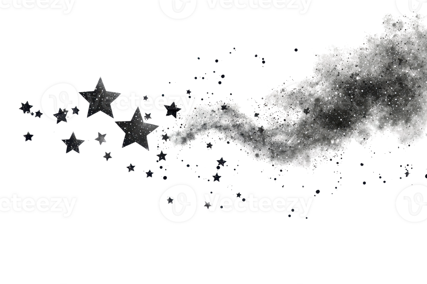 Abstract black and white smoke cloud with stars isolated on a transparent background, representing dreamy, celestial, and mystical themes. png