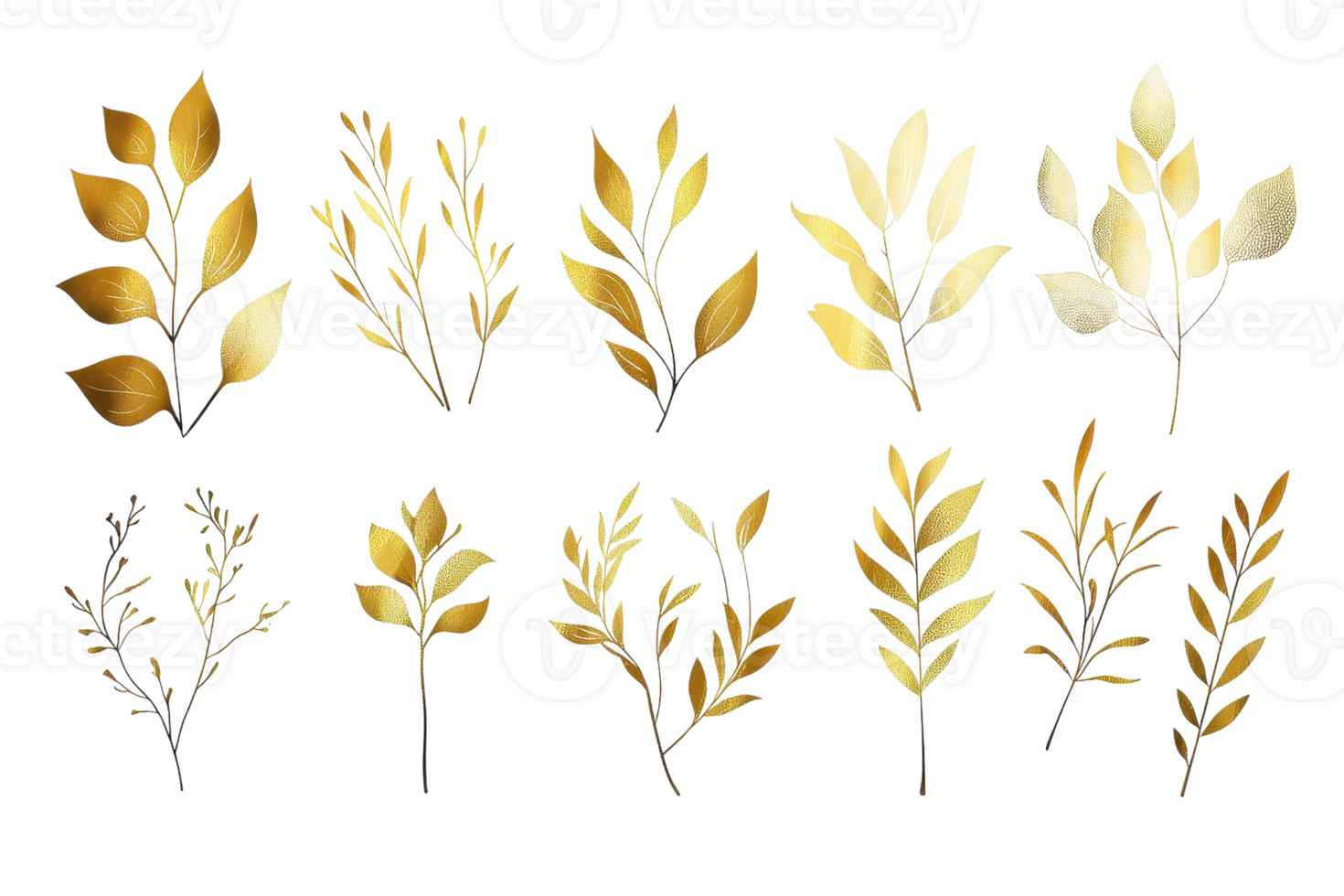 A collection of decorative golden leaf illustrations, perfect for luxury designs, invitations, and elegant projects. png