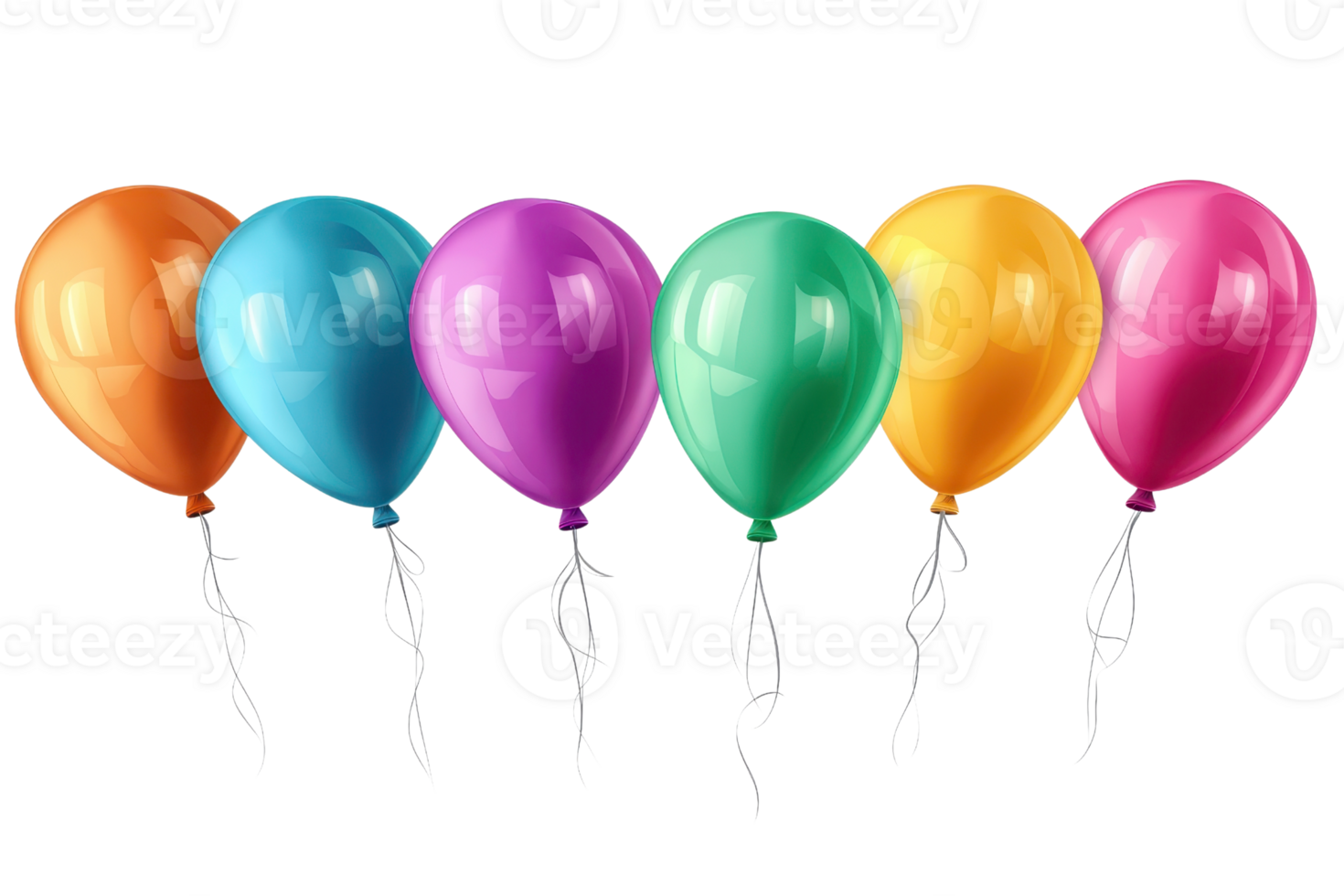 Colorful balloons floating with strings, perfect for parties, celebrations, and festive decorations. png