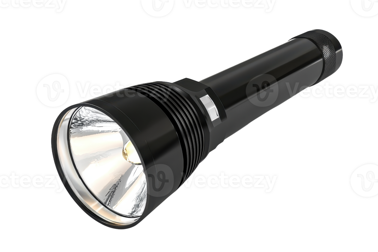 Close-up image of a black flashlight with a modern design, shown isolated against a transparent background. png