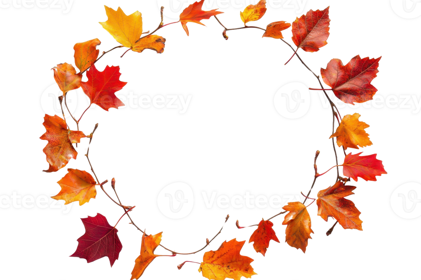 A beautiful autumn wreath made of vivid orange, red, and yellow leaves, perfect for fall-themed decorations and seasonal celebrations. png