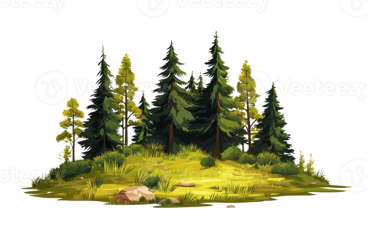 A serene forest landscape with lush greenery, tall trees, and rocks. Perfect for nature and outdoor-themed projects or backgrounds. png