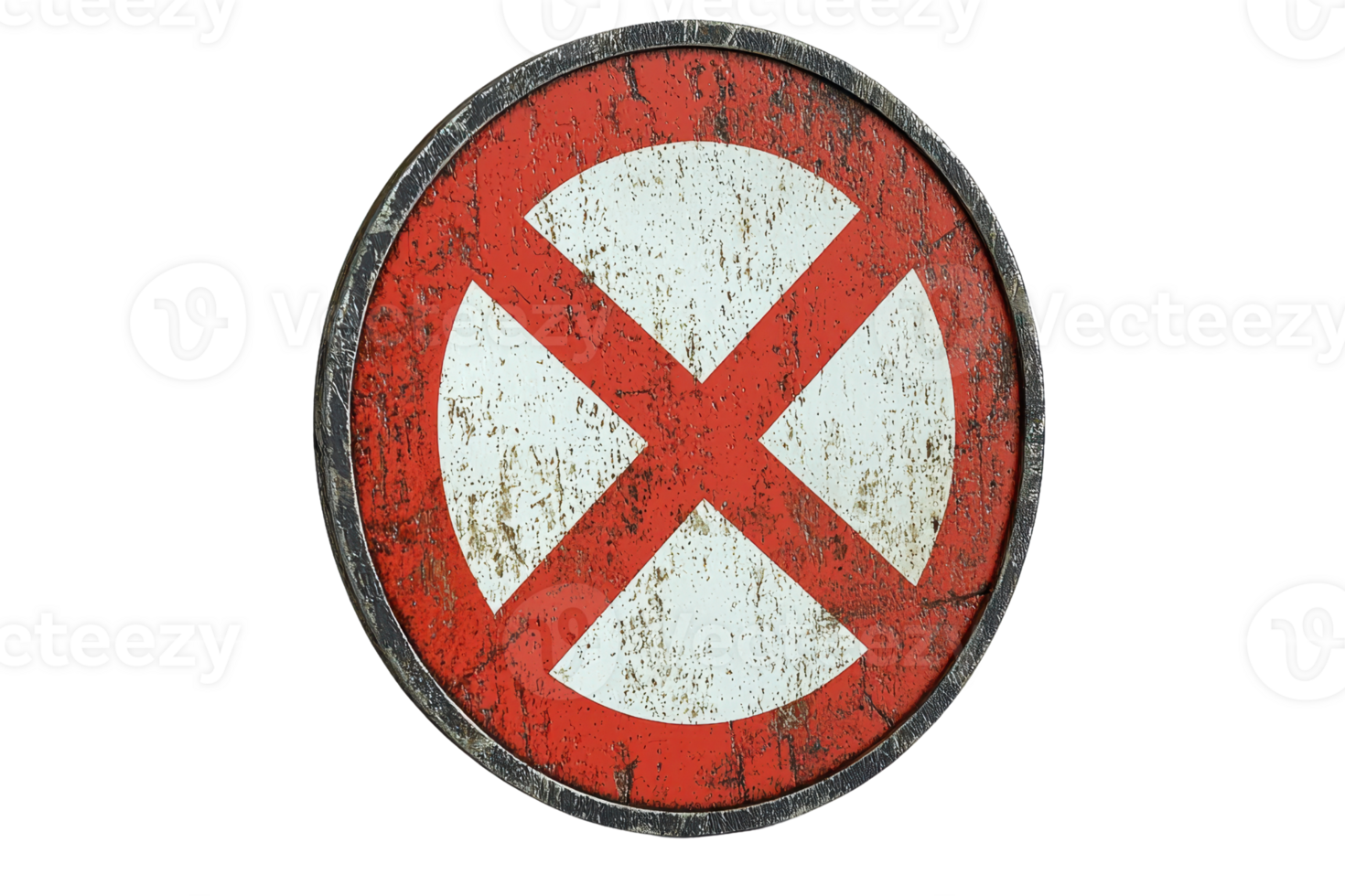 A weathered, vintage no entry traffic sign with a red X symbol against a white background, isolated on a transparent background. png