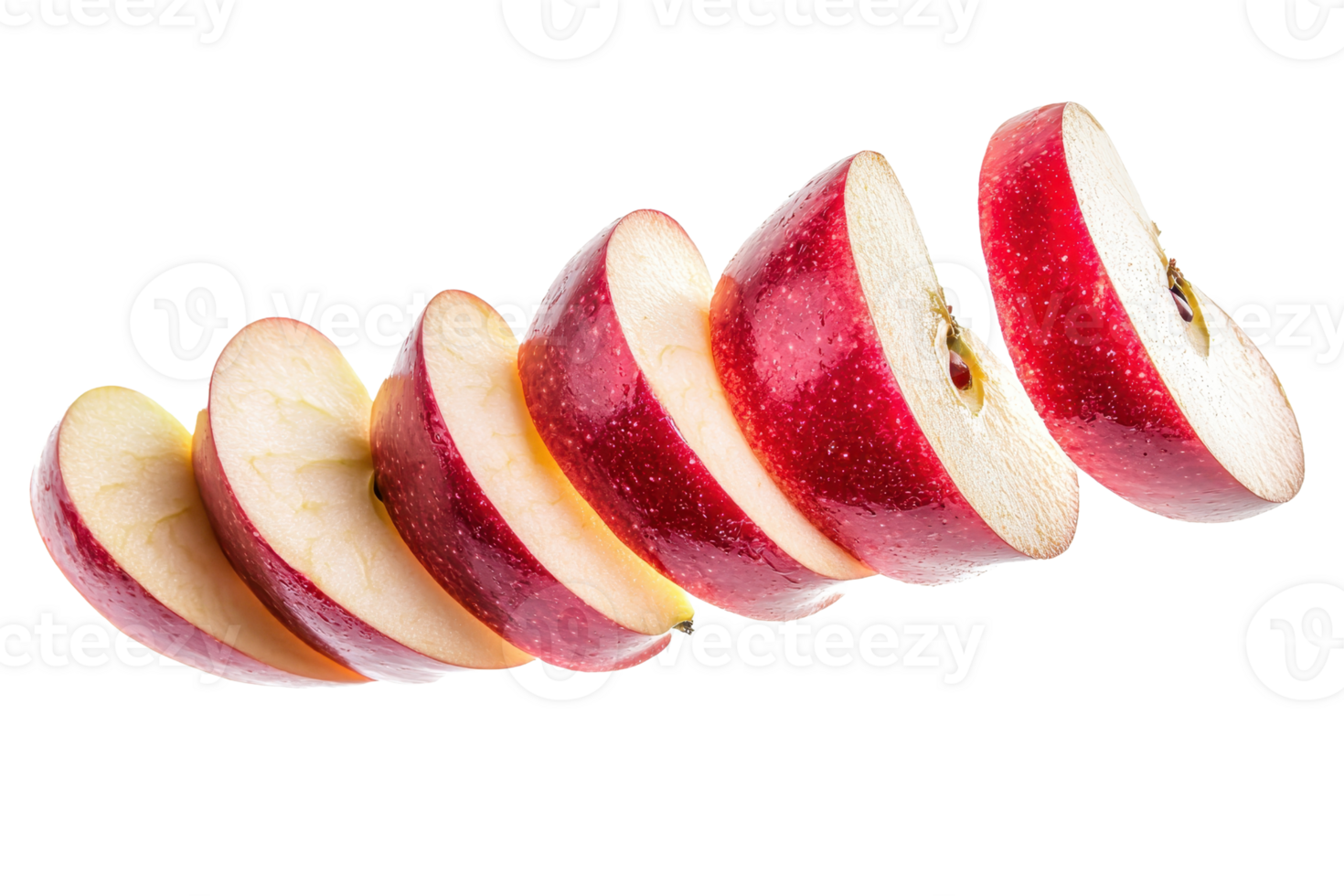 Sliced red apple floating in air, isolated on transparent background. showcasing fresh fruit and healthy eating concept. png