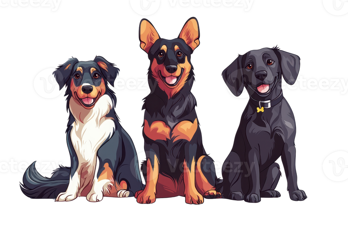 Illustration of three cute dogs sitting side by side, featuring different breeds. Perfect for pet, animal, and canine-themed designs. png
