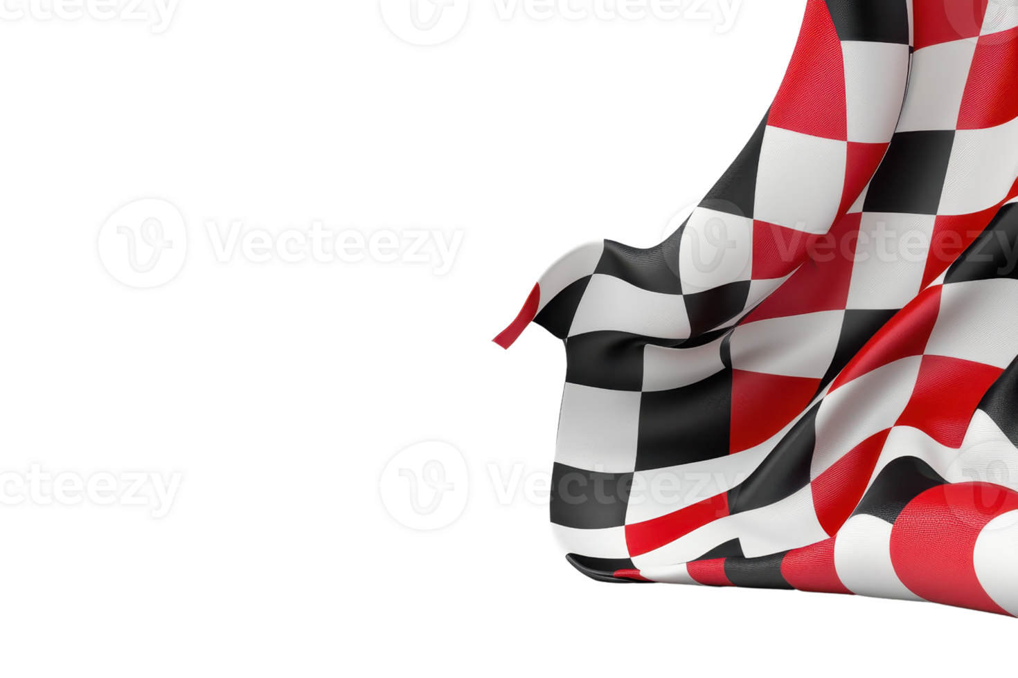 Close-up of a red, black, and white checkered racing flag on a transparent background. symbolizing speed, competition, and automotive industry. png