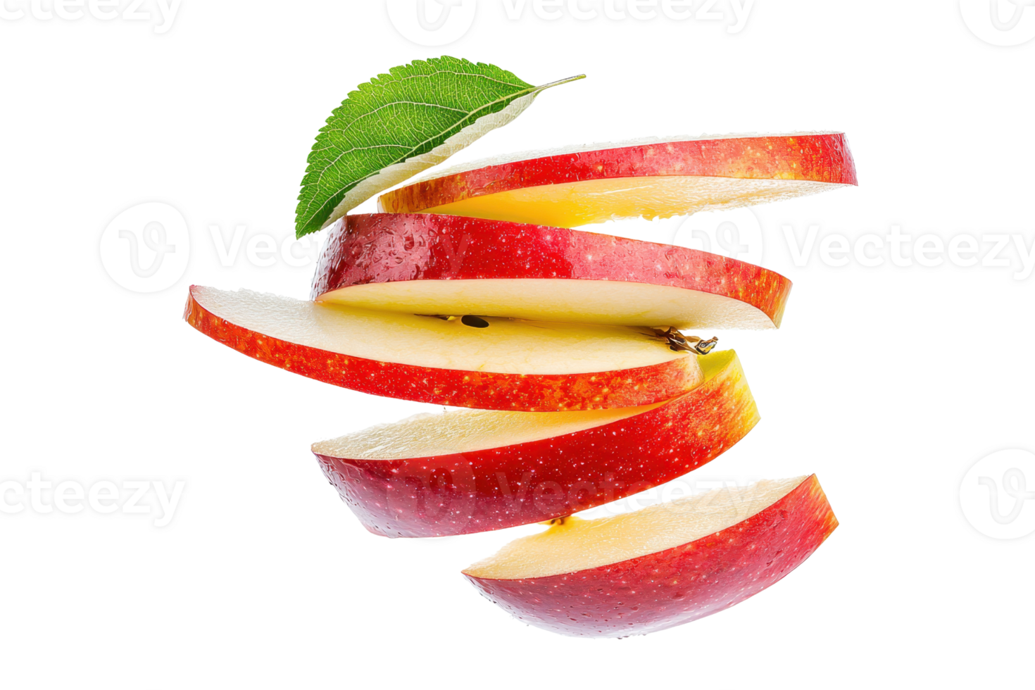 Fresh red apple sliced in spiral, with green leaf on top, isolated on transparent background. showcasing vibrant colors and freshness. png