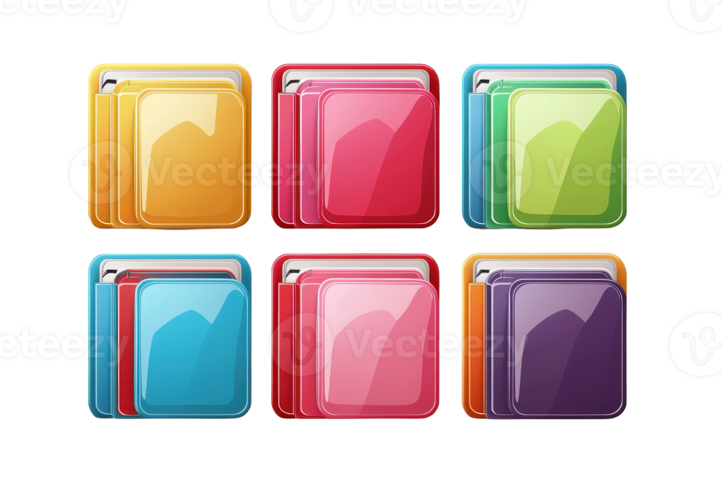 Colorful glossy square icons with vibrant gradients and reflections, perfect for web or app design, showcasing modern and sleek style. png