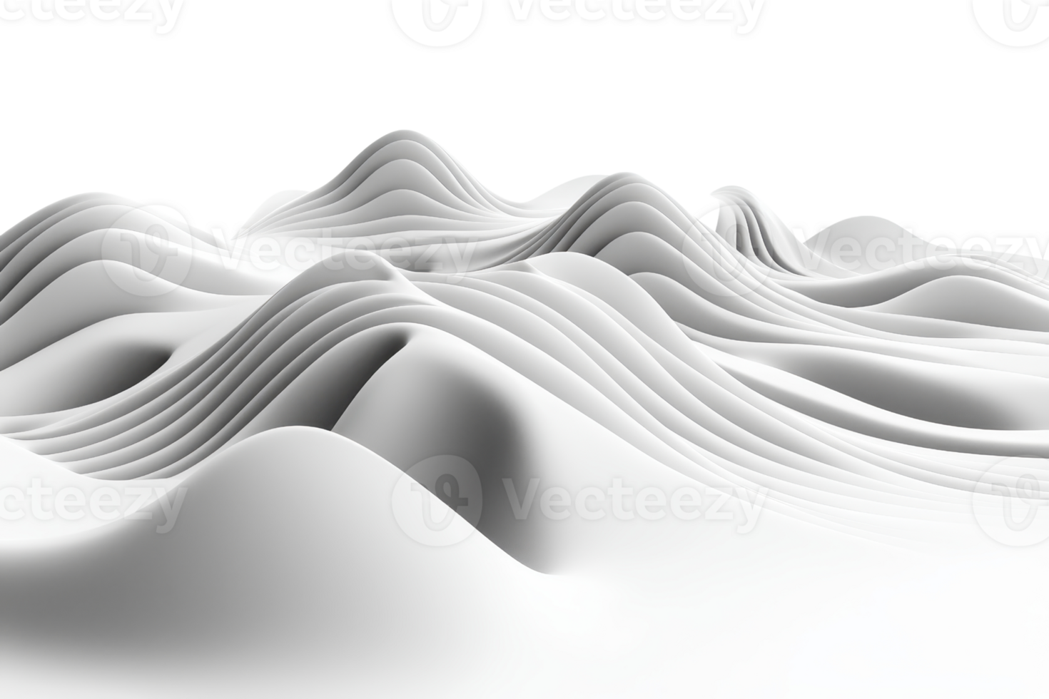 Abstract white 3D waves and curves forming a smooth and futuristic landscape against a transparent background. png