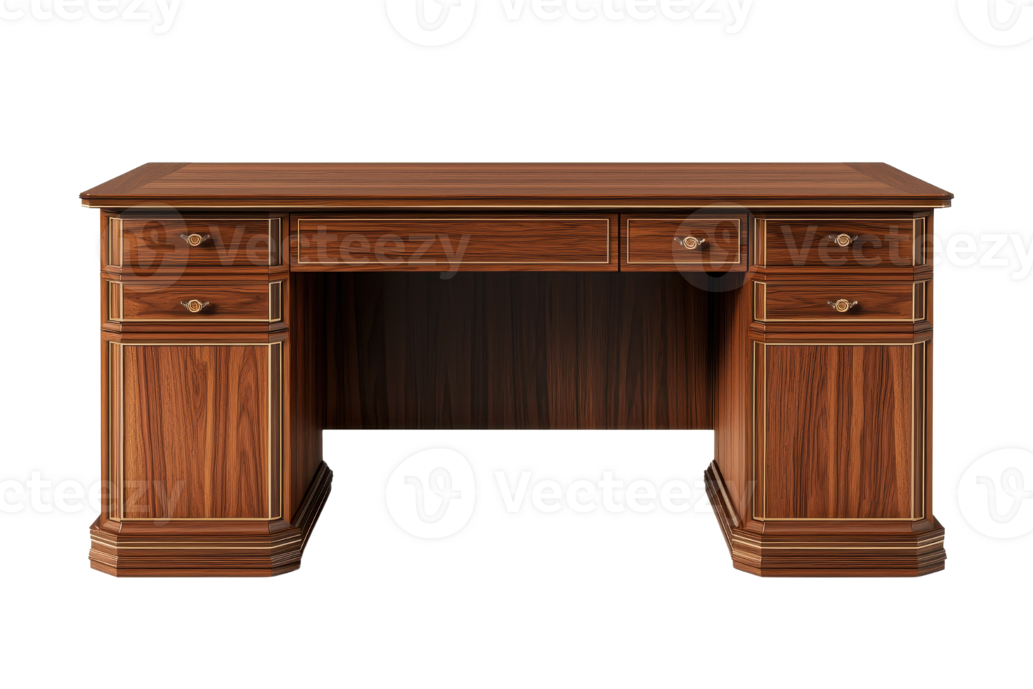 Elegant wooden desk with multiple drawers and a classic design. Ideal for an office or home workspace. png