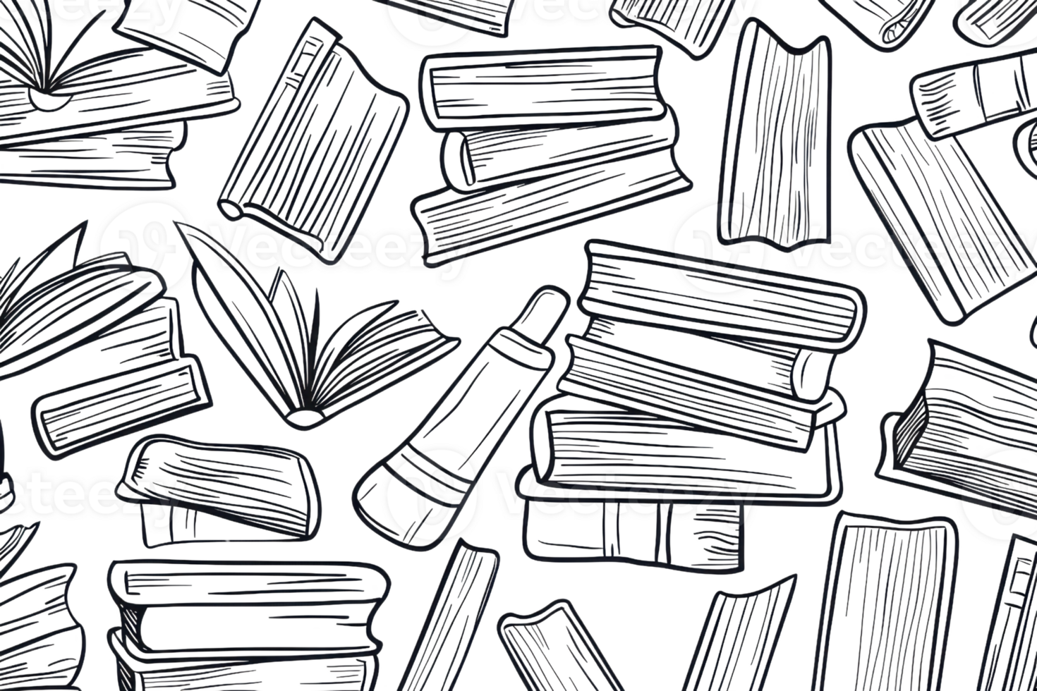 Seamless black and white doodle pattern of various books and pencils, perfect for educational and literary designs. png