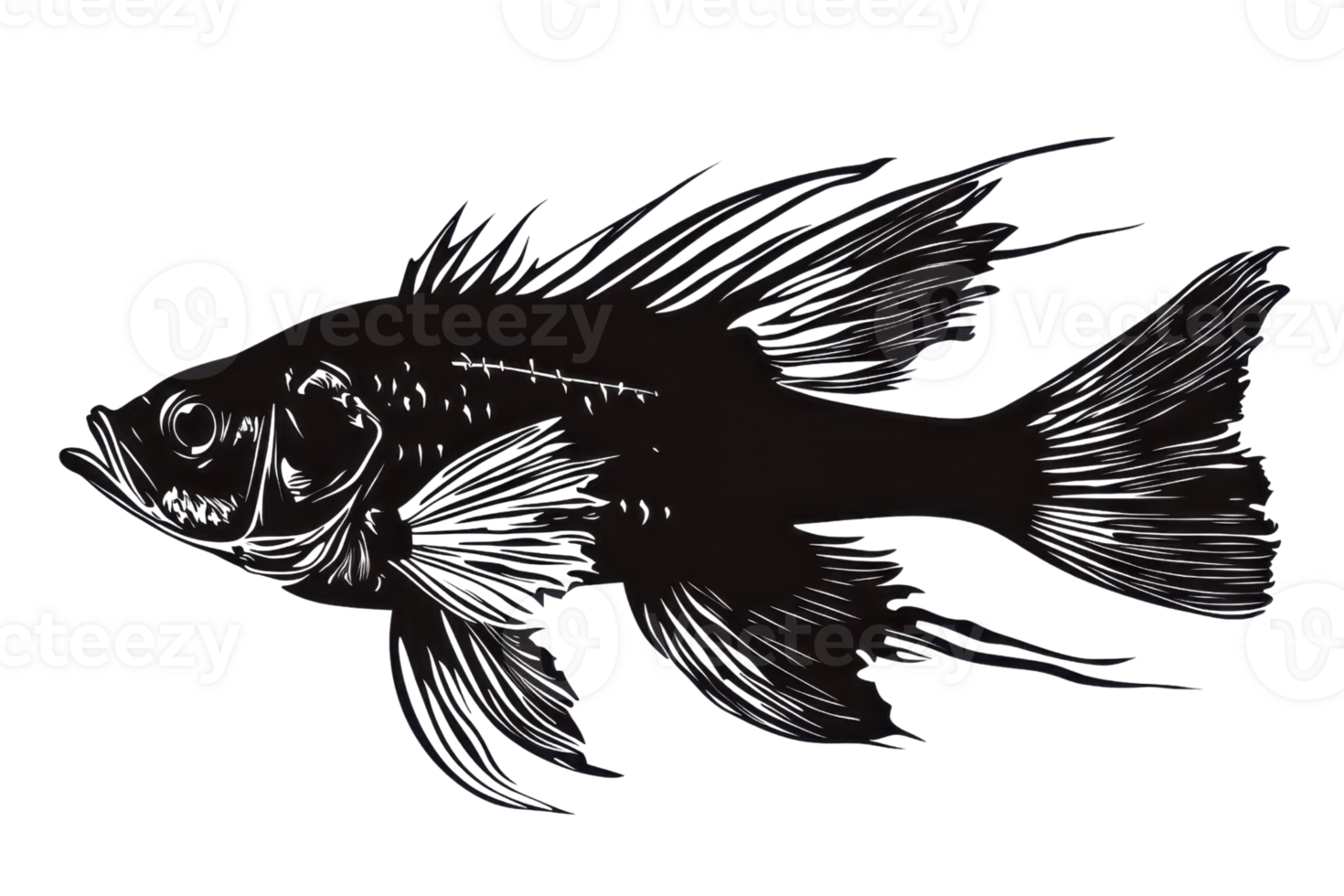 Silhouette of a fish with delicate, flowing fins depicting a detailed and artistic representation of aquatic life for creative use. png