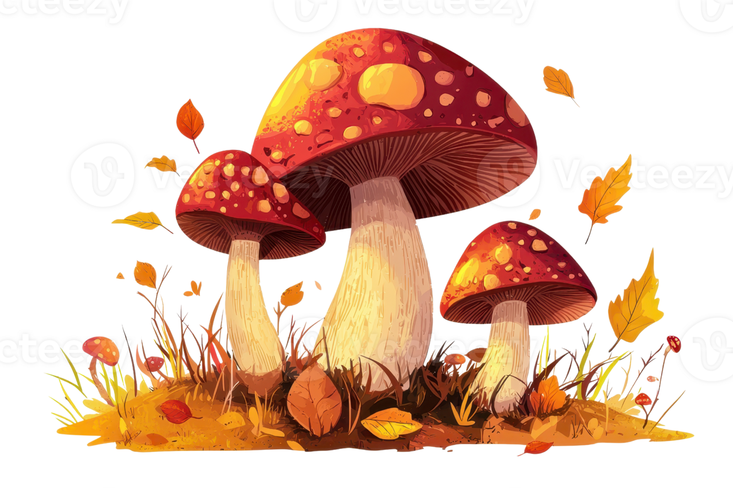 Illustration of red and white mushrooms with autumn leaves, capturing a whimsical and vibrant forest scene. png