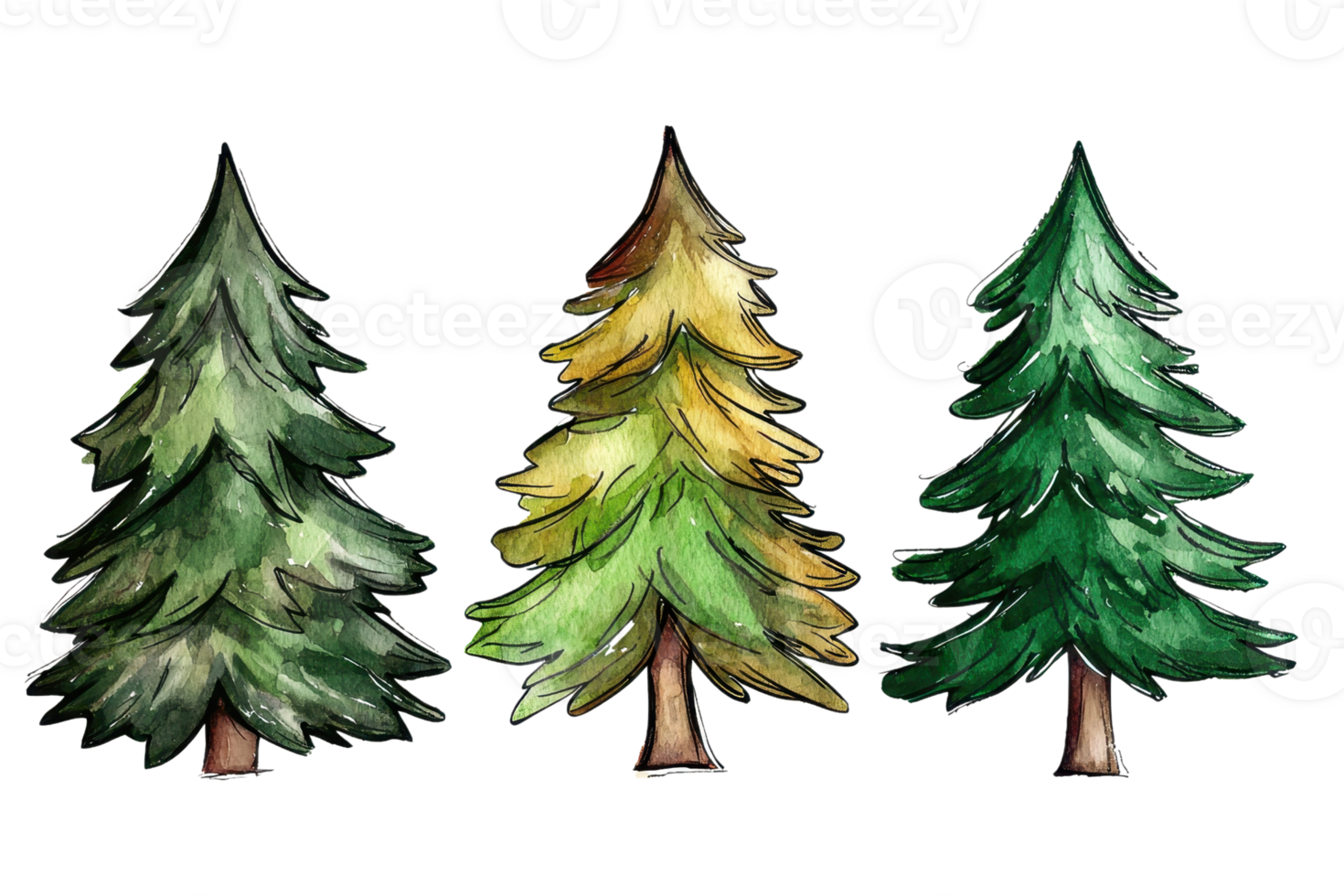 Illustration of three evergreen trees in varying shades of green and yellow, symbolizing seasonal changes in a whimsical style. png
