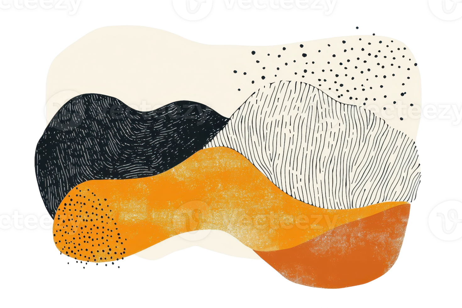 Abstract modern art composition with organic shapes and minimalistic design in black, white, orange, and beige colors. png