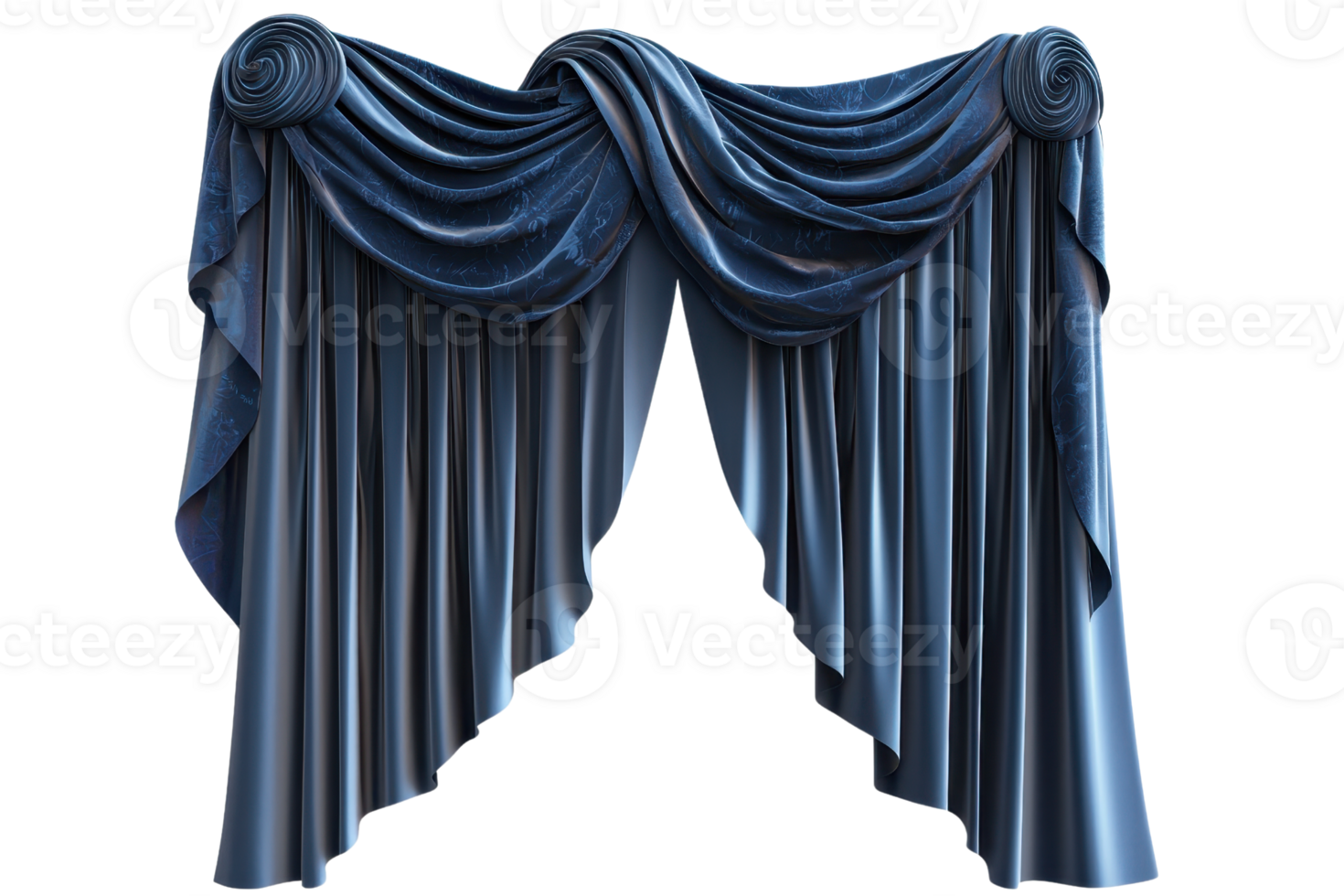 Elegant blue curtain with intricate drapery design, ideal for theatrical settings, home interiors, or creative design projects. png