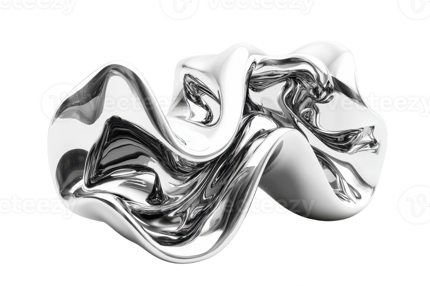 Abstract silver metallic sculpture with fluid, flowing lines and glossy finish, isolated on transparent background. png