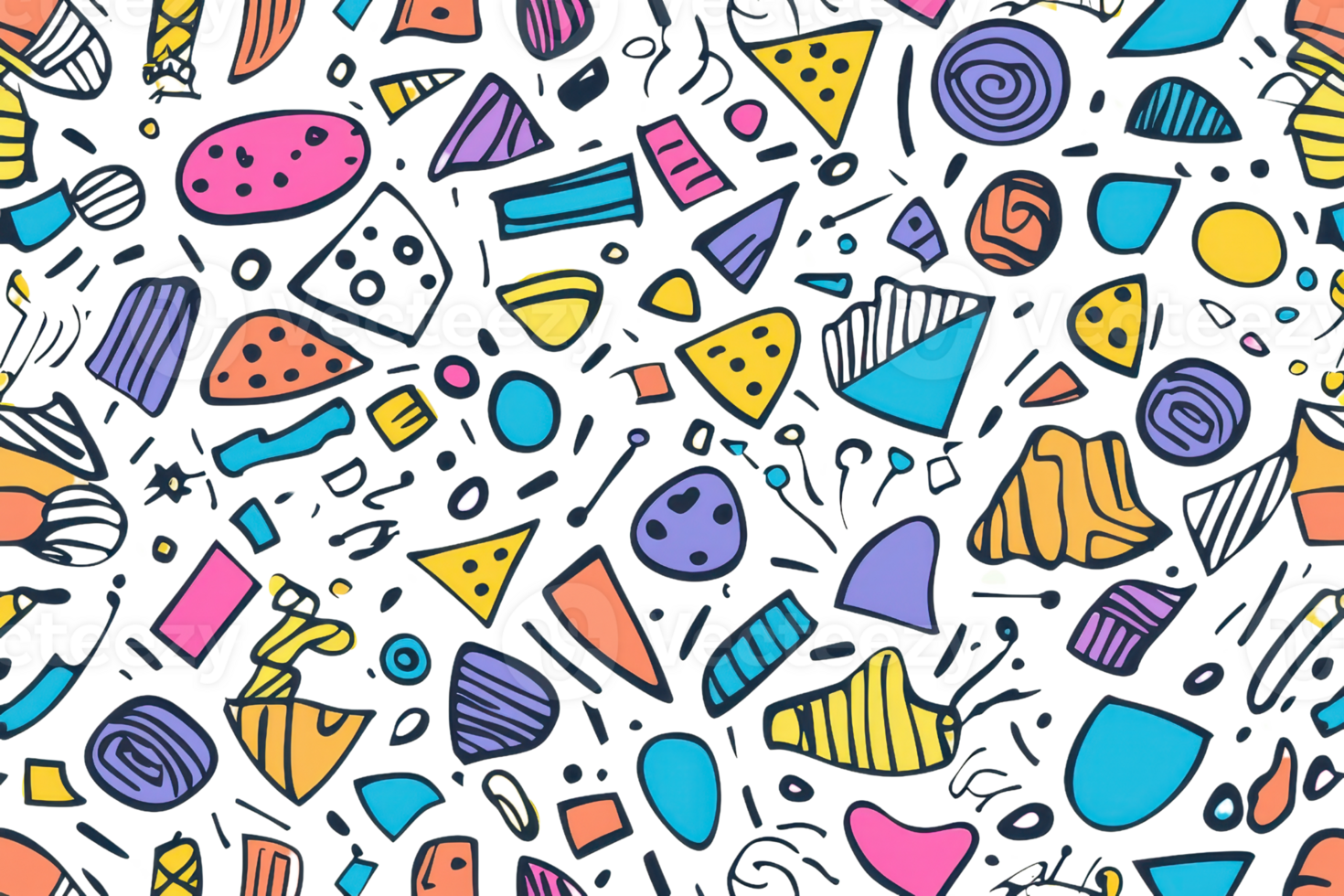 Colorful abstract geometric shapes seamless pattern with hand-drawn elements in vibrant hues, perfect for backgrounds and designs. png