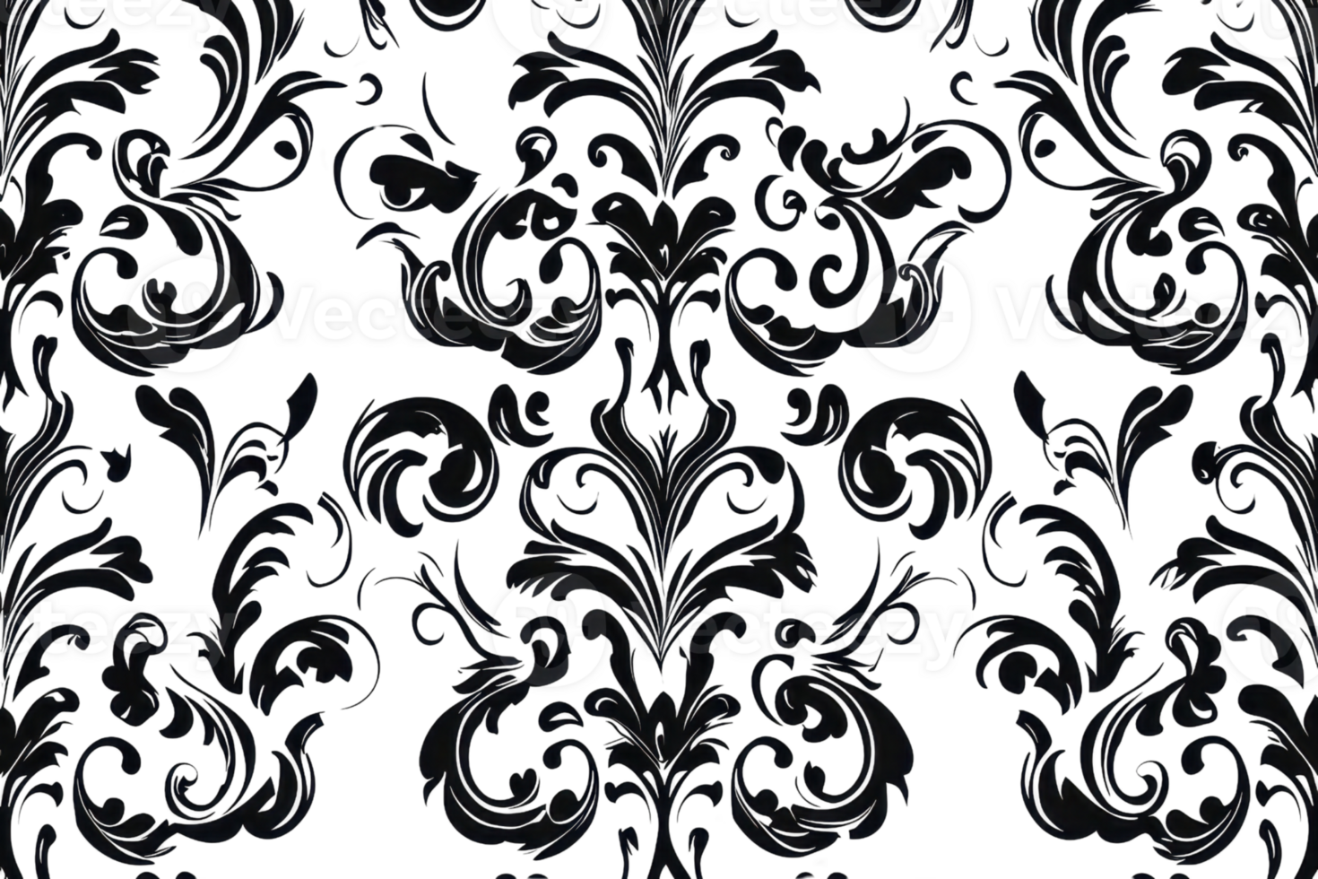 Elegant black floral damask pattern seamless design on a dark background, perfect for wallpapers, textiles, and decorative applications. png