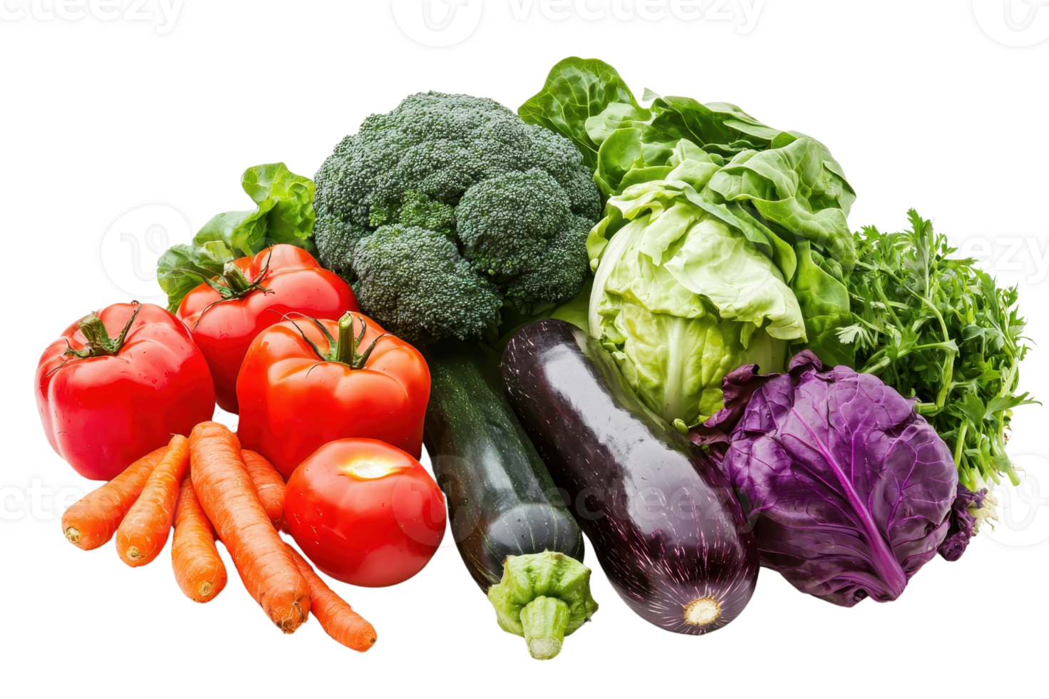 Assorted fresh vegetables including carrots, tomatoes, broccoli, eggplant, cabbage, and zucchini, showcasing vibrant colors and healthy produce. png