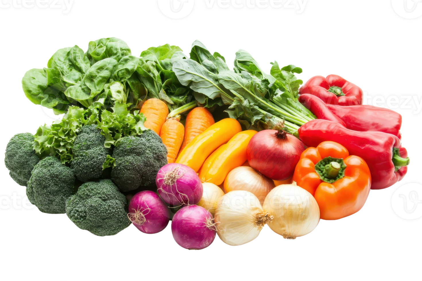 Assorted fresh vegetables including broccoli, spinach, carrots, peppers, onions, and tomatoes on a transparent background. for healthy eating concept. png