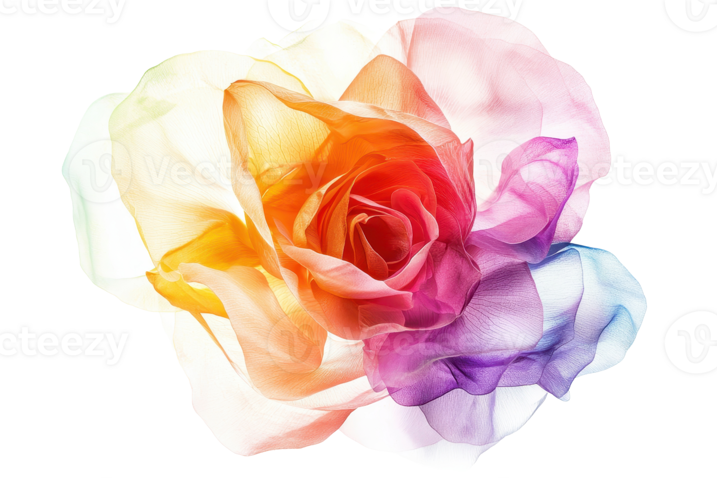 Vibrant and colorful rose on transparent background. artistic floral image with rainbow shades for creative and decorative designs. png