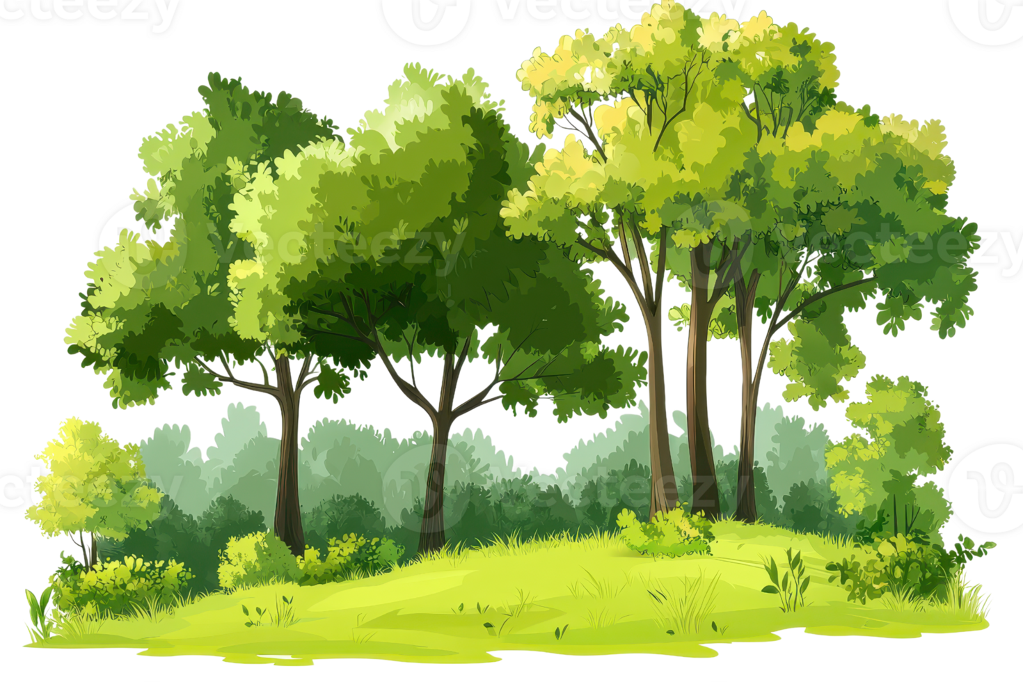 Scenic illustration of a lush green forest with tall trees, showcasing natural beauty and serene landscape under a clear sky. png