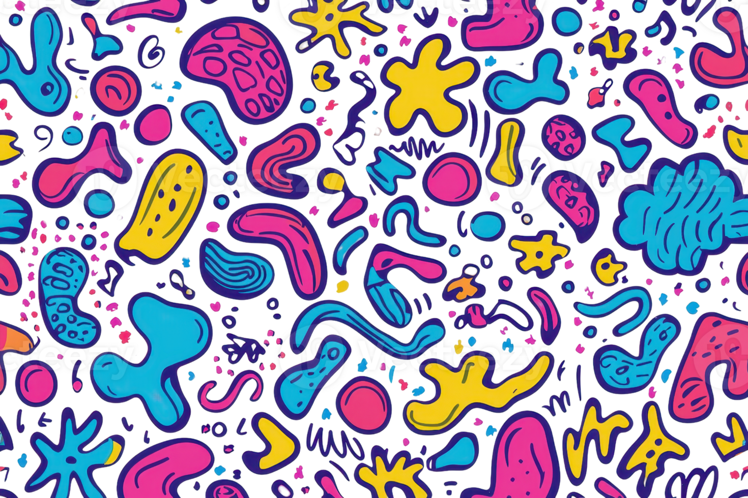 Colorful abstract pattern with various shapes in vibrant pink, blue, and yellow on dark background. Modern, playful design. png