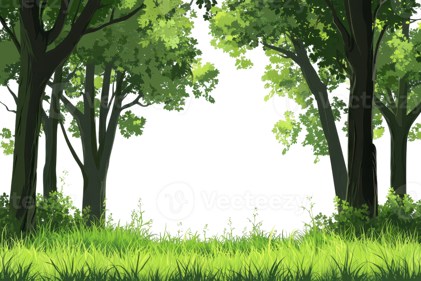 Illustrated lush green forest with tall trees and grass, creating a serene nature background or landscape. Perfect for nature-themed visuals. png