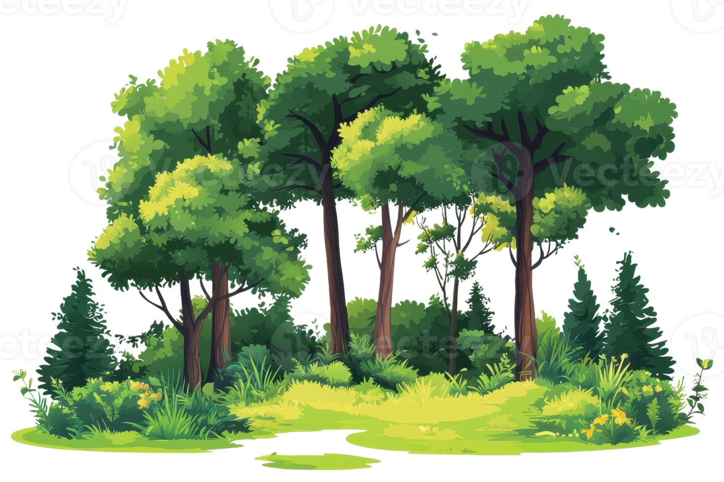 Lush green forest illustration with tall trees and dense foliage, perfect for nature-themed projects and backgrounds. png